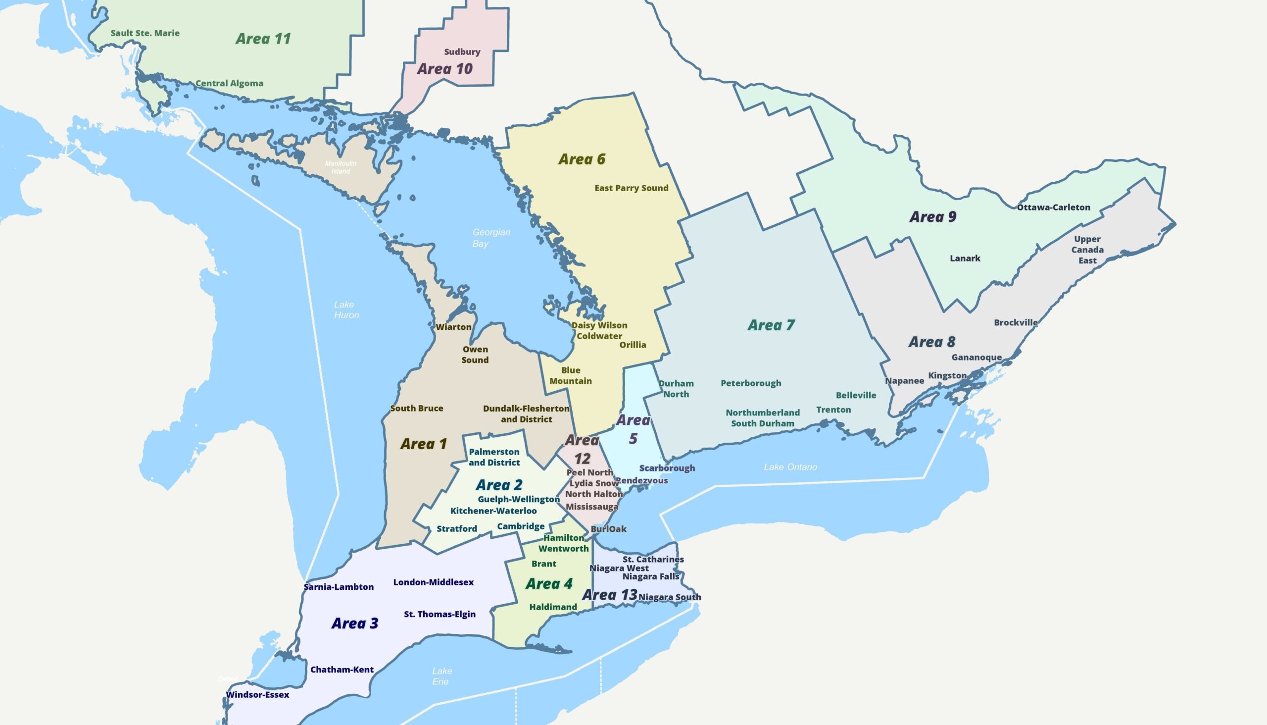 Map of RWTO/OERO areas and branches across Ontario